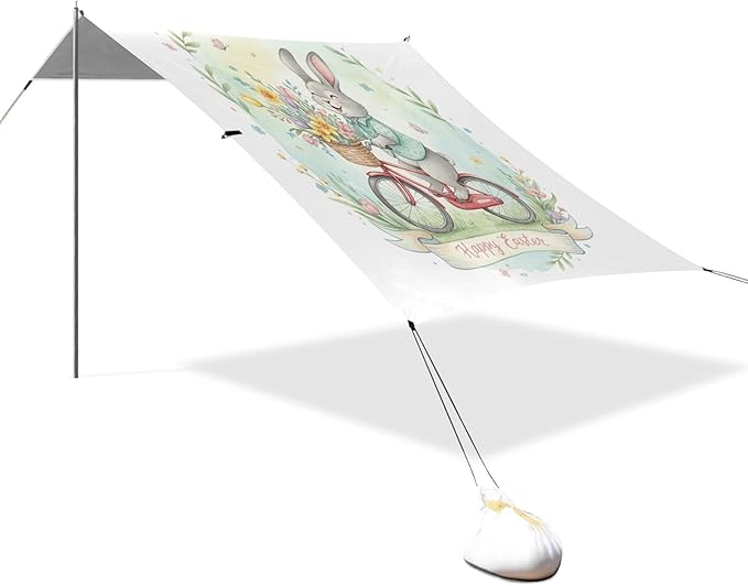 xigua Easter Bunny Beach Tent Sun Shelter with Carrying Bag - Silver Coated Oxford Fabric Beach Canopy for Beach Camping Fishing - Includes Windproof Ropes Sandbags &amp Stakes