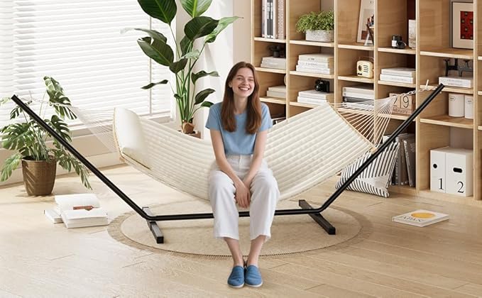2 Person Hammock with Heavy Duty 500Lb Capacity Stand - Portable Cotton Rope Hammock &amp Quilted Comfort Pad - Relax Together Indoor or Outdoor (Beige)