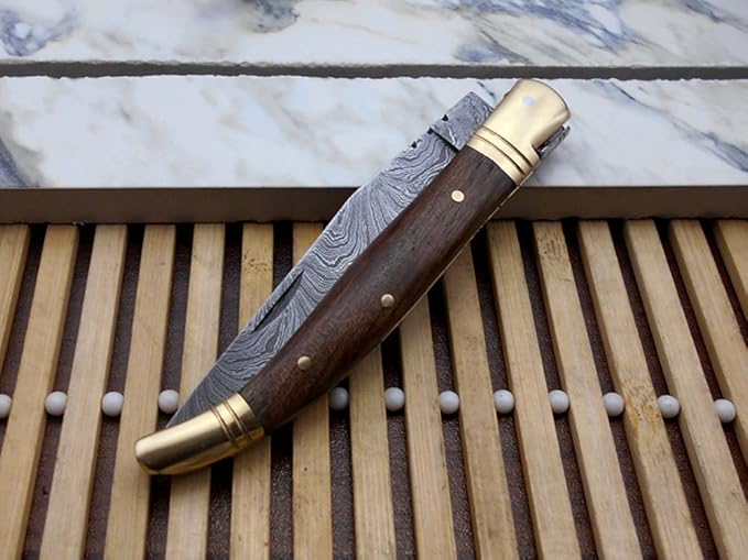 Laguiole Folding Damascus Steel Knife 8.5 Long with 4 Hand Forged Twist patren Blade. Rose Wood &amp Brass Bolster Scale. Cow Hide Leather Sheath Included (Brown)