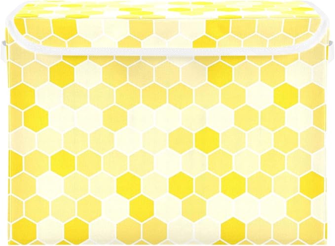 susiyo Large Foldable Storage Bin with Flip-Top Lid Yellow Bee Honeycomb Storage Box Collapsible Closet Organizer Containers Boxes Decorative Baskets with Handles for Home Bedroom Living Room Office