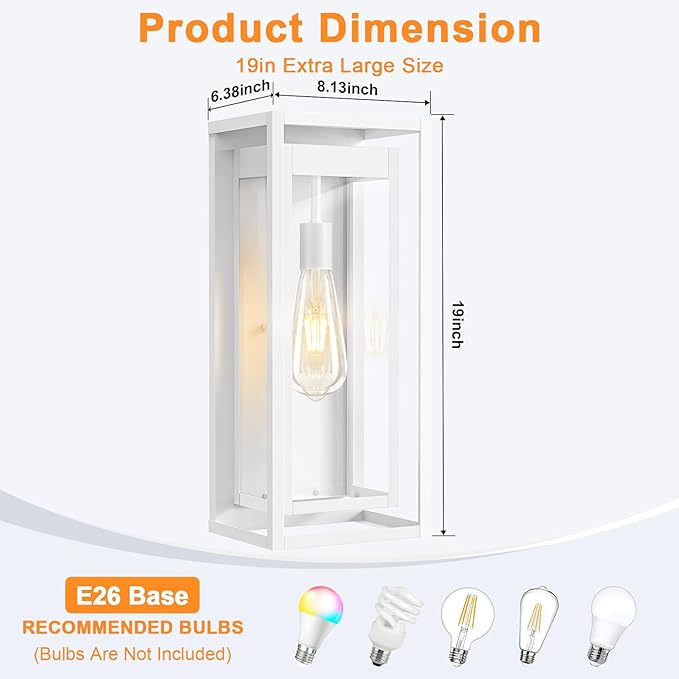 Large Outdoor Wall Sconce 2 Pack 19 White Outdoor Light Fixture Exterior Lighting Fixtures Anti-Rust Porch Lights with Clear Glass for Front Door Garage