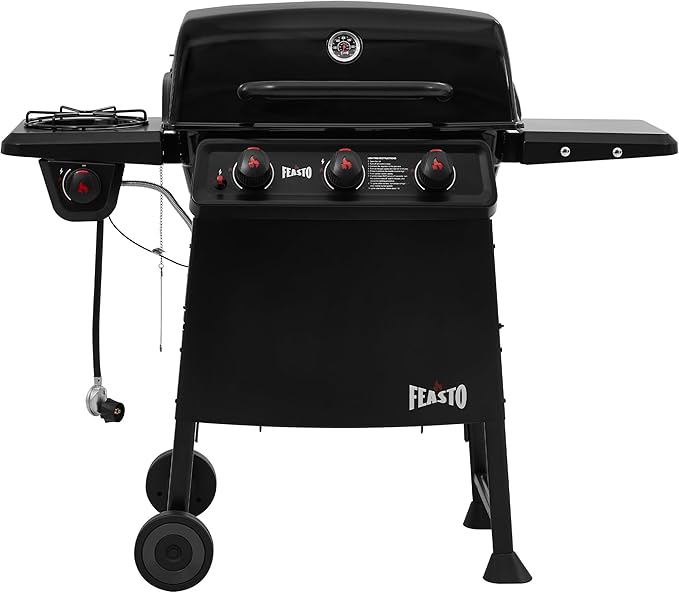 Feasto 3 Burner Propane Gas Grill with Side Burner Porcelain-Enamel Main Body and Lid Propane BBQ Grill with 38000 BTUs Output &amp Side Table for Patio Backyard Poolside Gatherings
