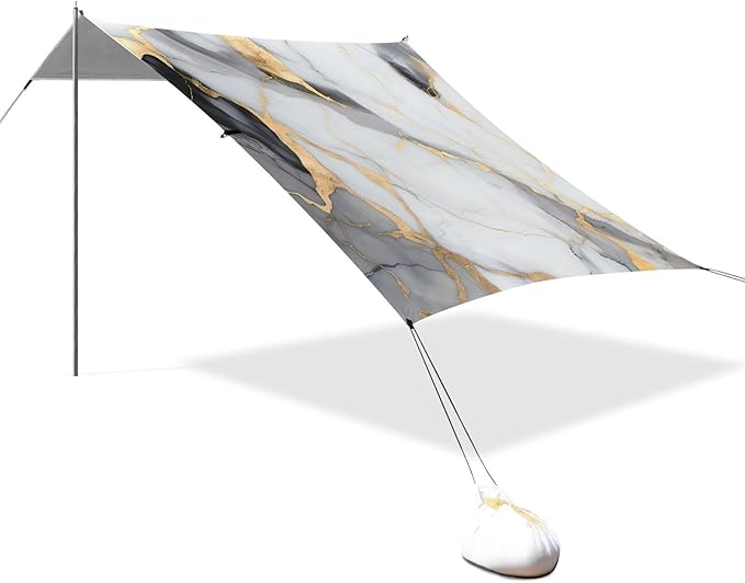 ALAZA White &amp Gold Marble Beach Tent Sun Shelter UPF50+ Protection Beach Shade Canopy w/ 4 Sandbags for Outdoor Camping Fishing Backyard Fun Picnic 10x9 ft