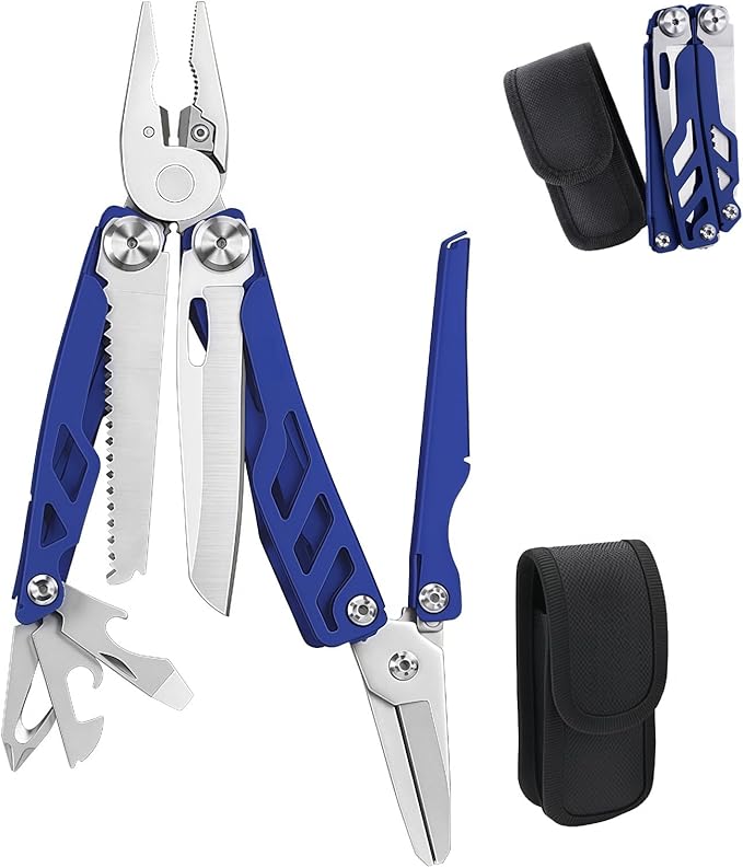 Multitool 16-in-1 Full-Size Lightweight EDC Multi-Purpose Pliers Pocket Knife Scissors Tactical Gear Tools Gifts for Guys Equipment for Emergencies Hiking and Outdoor Camping (Blue)