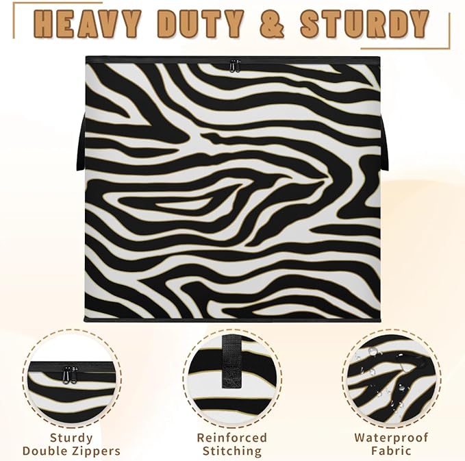 Large Zebra Storage Bags with Lid XL Blanket Clothes Storage Bins Foldable Organizers Storage Containers with Handle for Comforters Bed Sheets Pillows Zebra Print