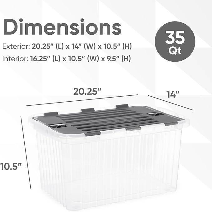 Superio Storage Bins with Lids Clear Plastic Containers for Organizing Stackable Totes BPA Free Odor Free Organizer Boxes for Home and Dorm 35 Quart (4 Pack 20.25x14x10.5)