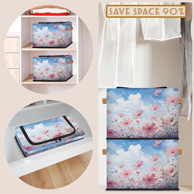 KOBLEN Poppies Seamless Pattern Storage Basket Collapsible Rectangular Storage Bins with Zipper Lid Handle Closet Shelf Cloth Organizer Basket for Nursery Bedroom Clothes Toy 2 Pack