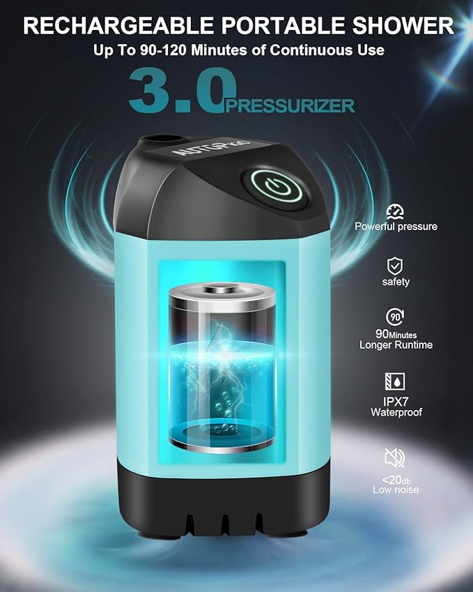 AUTOPkio Portable Camping Shower - Outdoor Camp Shower with Showerhead Sprayer &amp Rechargeable Battery Pump for Camping Travel Hiking Car Washing Pet Bath