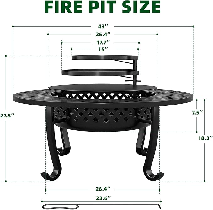 43 Inch Fire Pit with 2 Grill Outdoor Wood Burning Firepit with Lid Metal Round Table for Backyard Patio Garden Picnic Camping Bonfire
