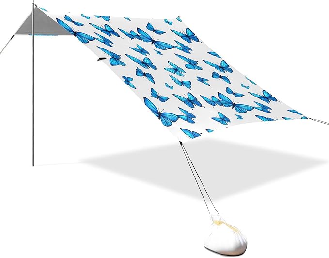 Beach Canopy with Windproof Ropes &amp Sandbags Beach Tent Sun Shade Sun Shelter for Camping Trips Fishing Backyard Fun or Picnics Blue Butterfly