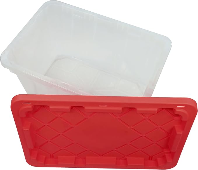 CX BLACK &amp YELLOW XTRA TALL 27-Gallon Heavy Duty Clear Storage Container &amp Snap-Tight Lid Clear &amp Red (28.5L x 19.4W x 15.2H) Weather-Resistant Stackable See-Through Organization Tote