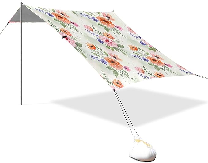 Wildflowers Beach Canopy Sun Shelter with Sandbags &amp Sand Shovel &amp Windproof Ropes - Portable 110x126 Beach Shade Beach Tent for Camping Picnics