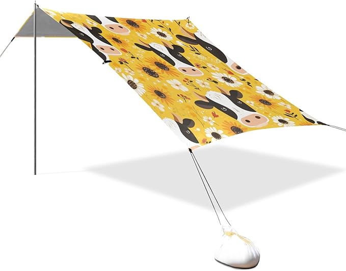 Black White Cow Print Sunflowers Foldable Beach Tent UPF50+ Lightweight Large Sun Shelter with Sandbags and Shovel for Camping Fishing Backyard Fun