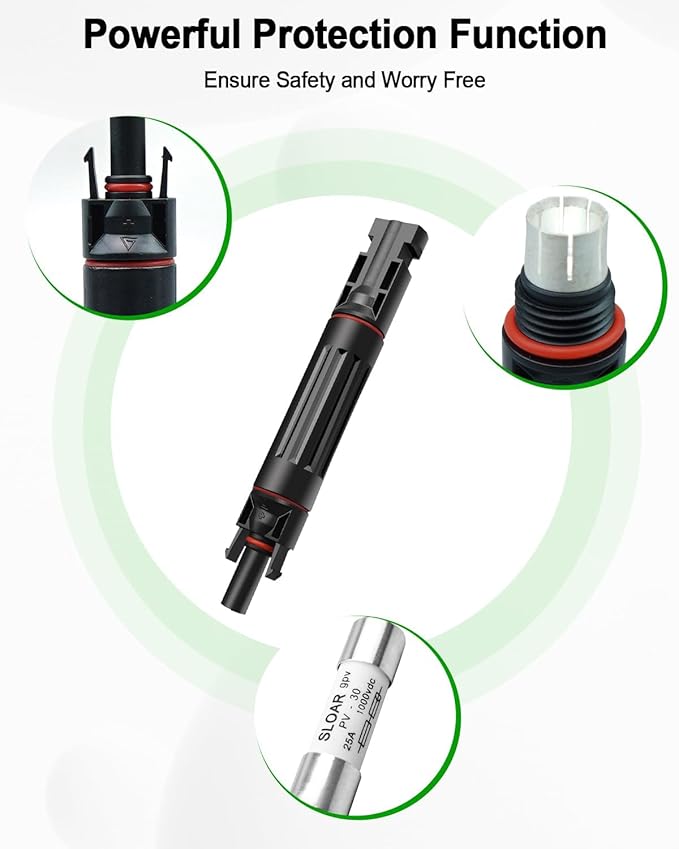 25A -1000V Solar Fuse Holder Inline with 5PCS Male and Female Connector Weatherproof and Fire-Safe PV in-Line Fuse 10PCS Black