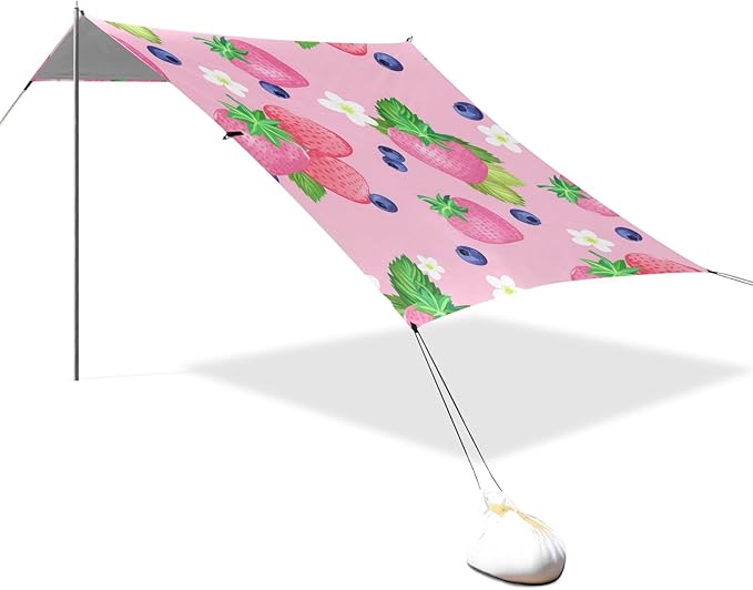 Beach Canopy with Windproof Ropes &amp Sandbags Beach Tent Sun Shade Sun Shelter for Camping Trips Fishing Backyard Fun or Picnics Strawberry