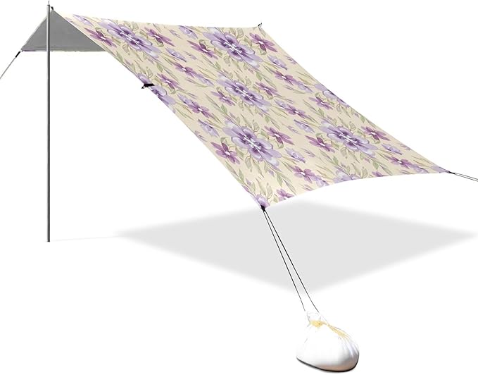 xigua Purple Flowers Beach Tent Sun Shelter with Carrying Bag - Silver Coated Oxford Fabric Beach Canopy for Beach Camping Fishing - Includes Windproof Ropes Sandbags &amp Stakes