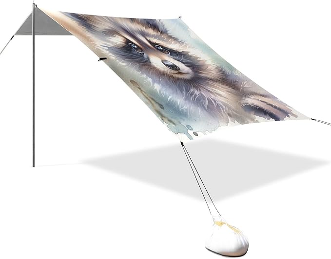 ALAZA Cute Raccoon Watercolor Beach Tent Sun Shelter UPF50+ Protection Beach Shade Canopy w/ 4 Sandbags for Outdoor Camping Fishing Backyard Fun Picnic 10x9 ft