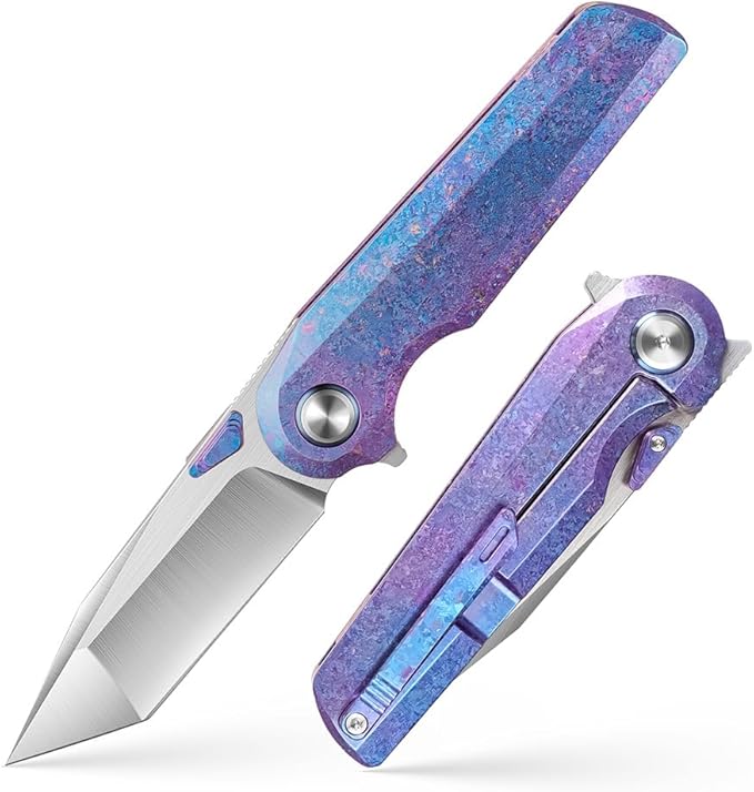 ioko Pocket Folding Knife with Titanium Alloy Handle S35VN Steel Blade Ice Crystal Anodized Finish 2.9 Inch Blade EDC Camping Hiking Outdoor (blue-purple)