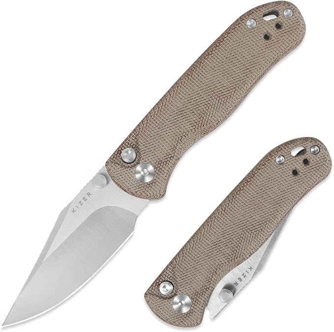 Kizer Drop Bear 2 Pocket Knife 2.96 Nitro-V Clip Point Blade Folding Knife with Brown Micarta Handle Button Liner Lock EDC Knives with Jimping on Spine for Men Women V3619.2CC1