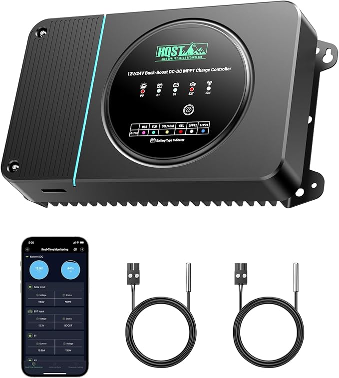 HQST 12V/24V 30A DC to DC Charger Buck Boost Battery Charger MPPT Solar Charge Controller Dual Input Charger with Smart Bluetooth APP Control for LiFePO4 Sealed AGM Gel Flooded Batteries