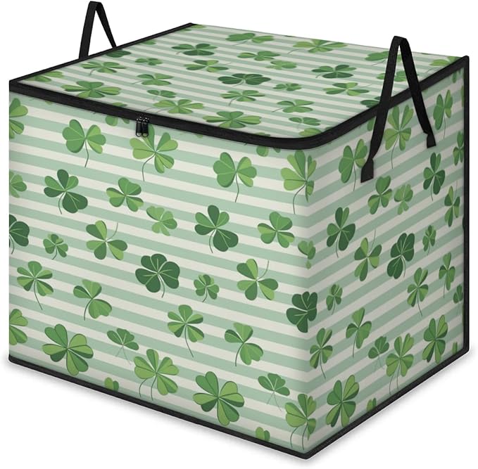 XL Large Clothes Storage with Lid Handle St. Patrick's Day Large Thick Clothes Blanket Storage Containers for Organizing Bedroom Closet Comforter Spring Green Clover Leaves Holiday