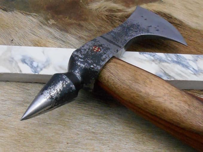 Damascus Depot Voyager Axe 15 Inches Long High Carbon Steel with Axe Head wit Walnut Wood Round Handle Bearded Hiking Battle Axe Thick Cow Hide Leather Sheath