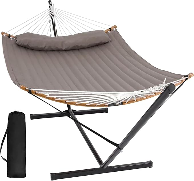 SUNCREAT Hammocks Portable Hammock with Frame Backyard Double Hammock with Curved Spreader Bar Brown