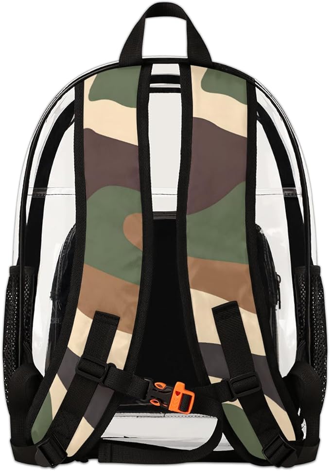 Brown Camouflage Military Heavy Duty Clear Backpack Large PVC Transparent Backpack See Through Bag for Work Sports Travel Security Stadium Events