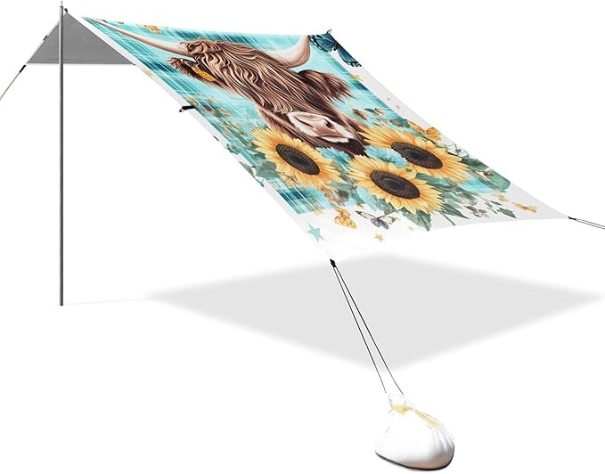 ALAZA Cow Roses Sunflowers Butterfly Beach Tent Sun Shelter Portable Canopy Sunshade for Outdoor Camping Picnics Backyard Fun 10x9 ft