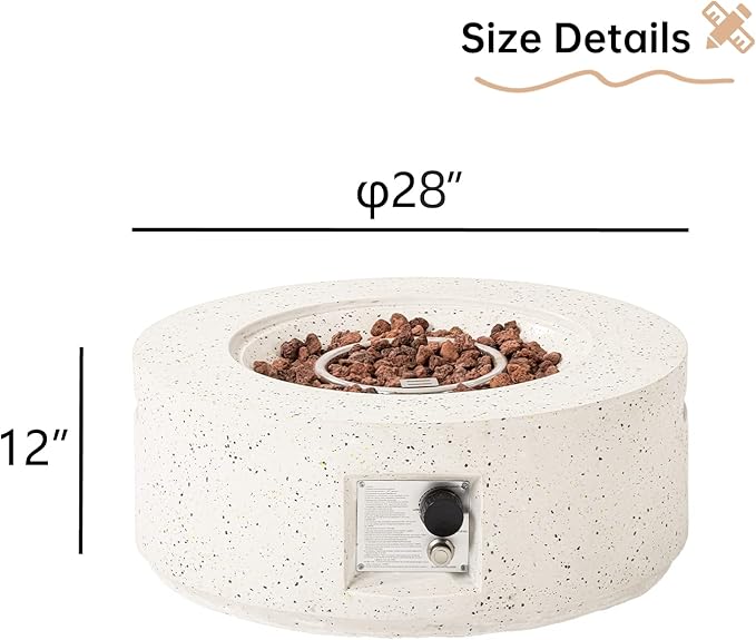 HOMPUS Outdoor Propane Fire Pit 40000 BTU 28-inch Round White Terrazzo Concrete Fire Table Gas Fire Pit w Lava Rocks and Rain Cover for Outdoor Deck or Backyard