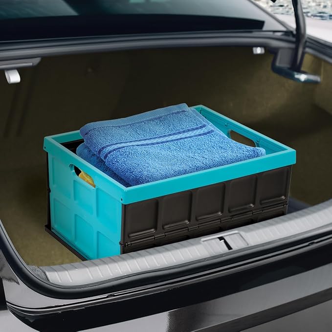 Glad Collapsible Storage Bin with Lid - 48L Foldable Plastic Box for Garage Car Trunk and Organization - Stackable Lidded Container with Handles Turquoise