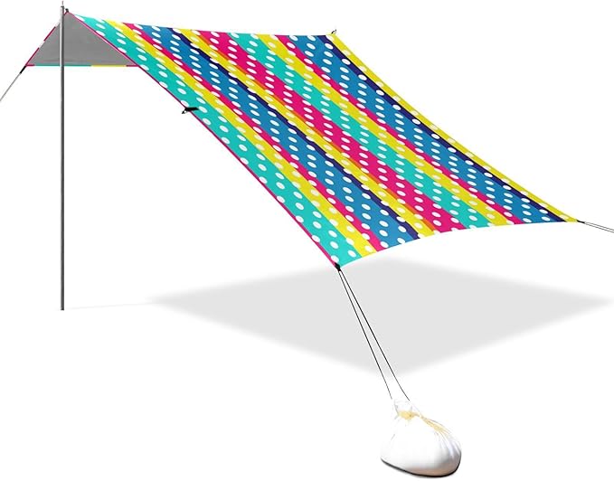 Beach Canopy with Windproof Ropes &amp Sandbags Beach Tent Sun Shade Sun Shelter for Camping Trips Fishing Backyard Fun or Picnics Stripes