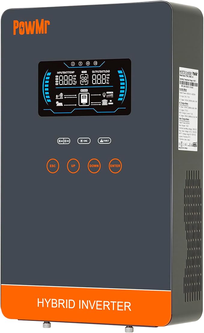 PowMr 4000W Hybrid Solar Inverter 24V to 120V Pure Sine Wave with Built-in 140A MPPT Controller Glass Top LCD Display Supports Battery-Less Run &amp AGM/Lithium Battery for Home Off-Grid Backup Po