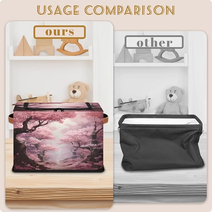 KOBLEN Pink Cherry Blossoms Storage Basket Collapsible Rectangular Storage Bins with Zipper Lid Handle Closet Shelf Cloth Organizer Basket for Nursery Bedroom Clothes Toy