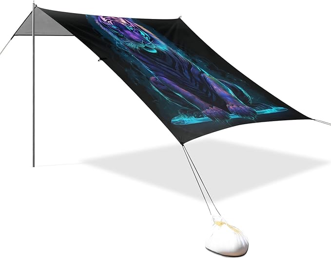 ALAZA Neon Tiger Beach Tent Sun Shelter UPF50+ Protection Beach Shade Canopy w/ 4 Sandbags for Outdoor Camping Fishing Backyard Fun Picnic 10x9 ft