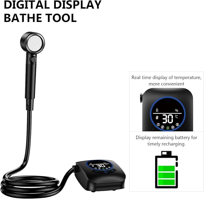 Portable Shower for Camping 8000mAh Rechargeable Camping Electric Shower with Intelligent Digital Display Outdoor Camp Pump Showerhead Nozzle for Hiking Travel Car Pet