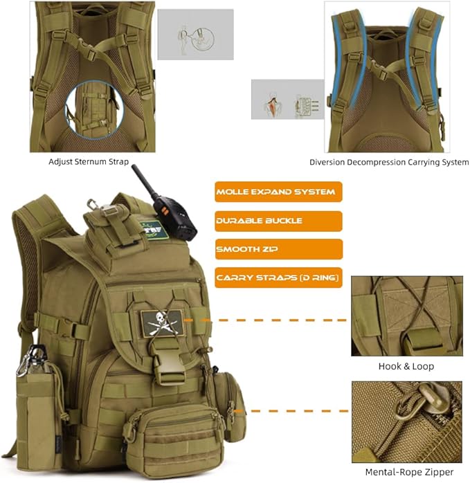 40L Tactical Military BackpackMOLLE Hunting Backpack/Fishing Rucksack/Laptop Bag/Assault Pack for Hiking Camping Hiking Travel