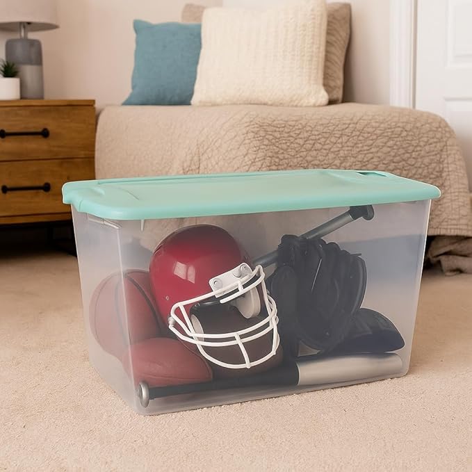 Clear/Mint 6-Count 66 Quart Plastic Storage Containers with Latching Lids Stackable Storage Bins and Totes for Camping Gear Sports Equipment Tools &amp Workshop Supplies – Durable Home Organizatio