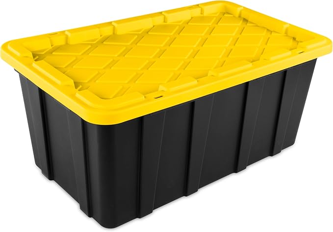 Sterilite 38 Gal Industrial Tote Stackable Storage Bin with Snap-Fit Lid for Garage Basement &amp Attic Storage Black Base and Yellow Lily Lid 4-Pack
