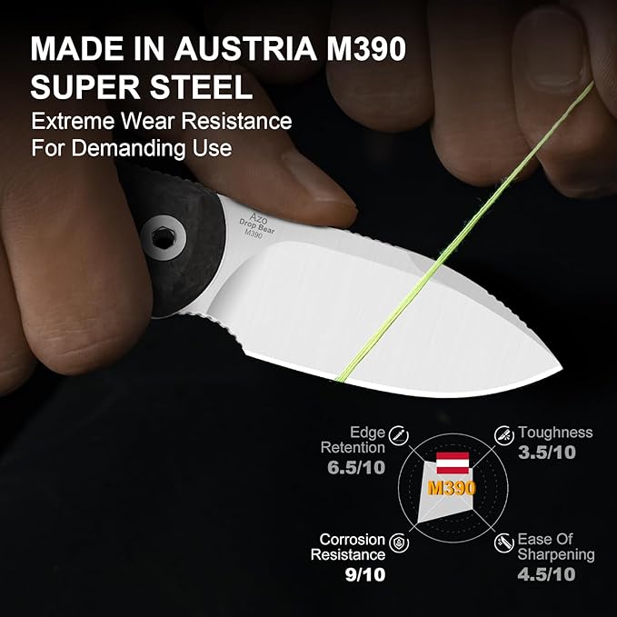 Kizer Drop Bear Fixed Blade Knife 2.57 M390 Satin Blade EDC Camping Knife with Black Carbon Fiber Handle &amp Built-in Tools Outdoor Small Hunting Survival Knives with Kydex Sheath 1094A3