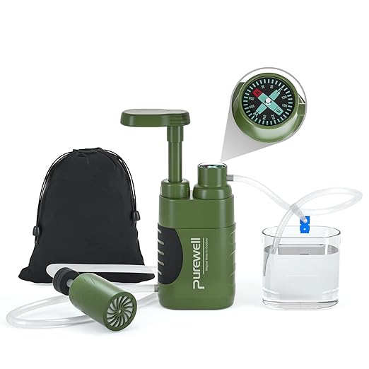 Purewell Water Hand Purifier Pump with Replaceable Carbon 0.01 Micron Water Stages Portable Outdoor Emergency and Survival Gear - Camping Hiking Backpacking(Green)
