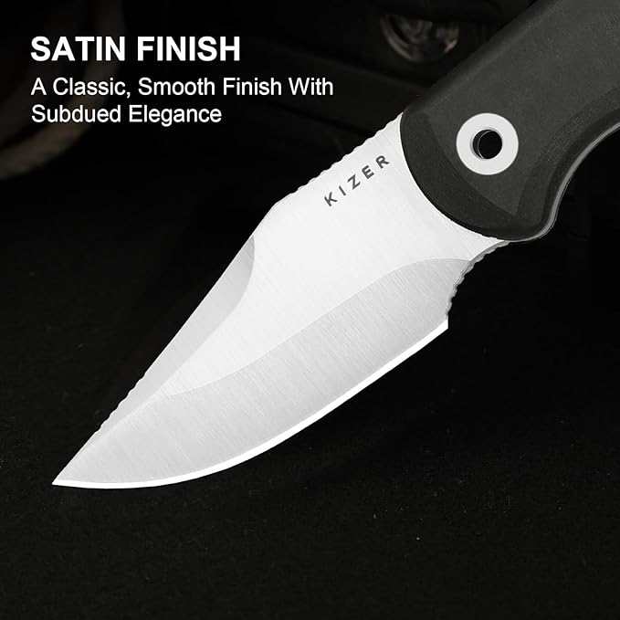 Kizer Drop Bear Fixed Blade Knife 2.6 S45VN Satin Blade EDC Hunting Knife with Black Richlite® Handle &amp Built-in Tools Outdoor Small Camping Survival Knives with Adjustable Kydex Sheath 1092A3