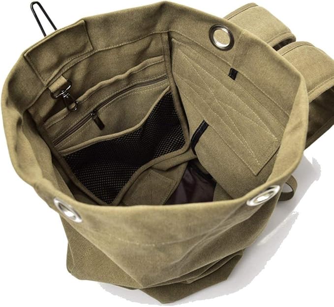 Stylish Large Capacity Tactical Canvas Backpack Army Bucket Bag Outdoor Sports Duffle Bag Travel Rucksack-(Tan)