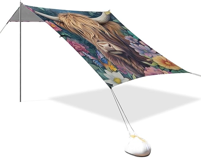 ALAZA Highland Cow Butterflies Beach Tent Sun Shelter Portable Canopy Sunshade for Outdoor Camping Picnics Backyard Fun 10x9 ft