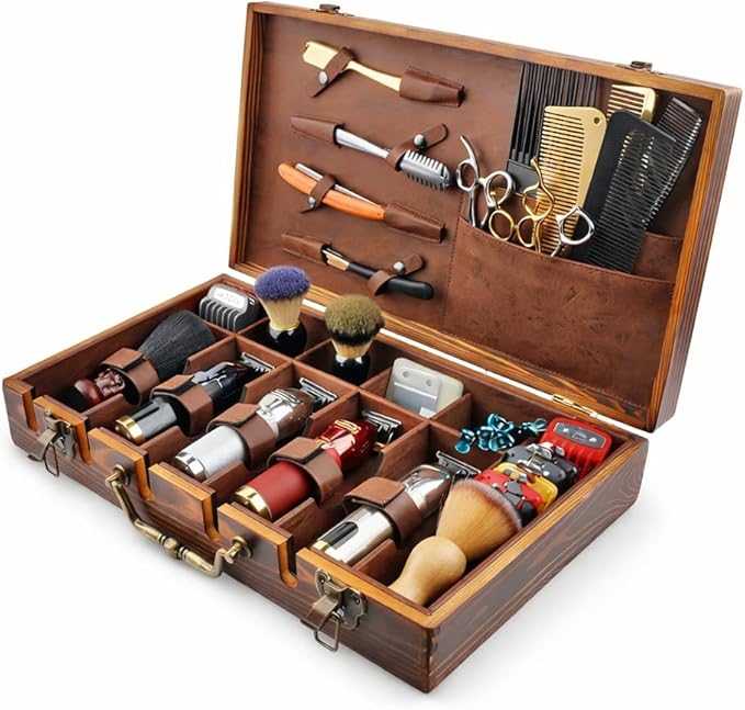Professional Barber Tool Case Wooden Hairdressing Organizer with Metal Lock &amp Handle Portable Storage Box for Clippers Scissors &amp Accessories