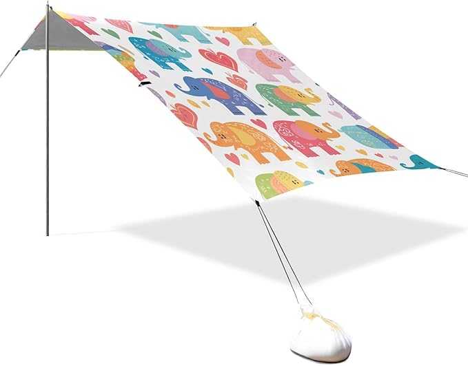 Colorful Elephant Cartoon Beach Cabana Tent UPF50+ Easy Setup Large Portable Sun Shelter with Carrying Bag for Camping Picnics Backyard
