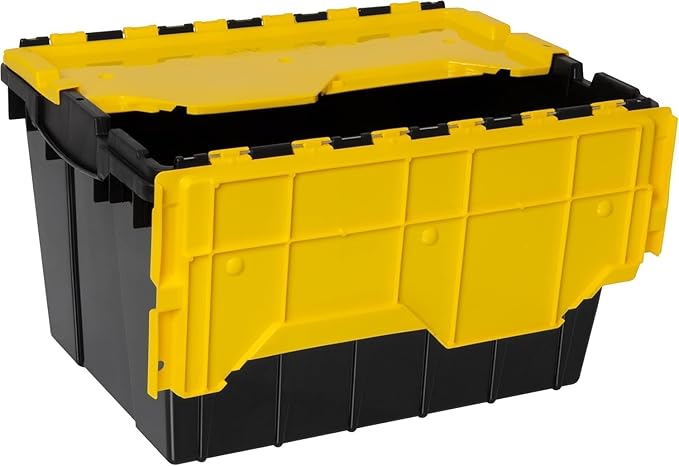 Akro-Mils KeepBox 12 Gallon Storage Container Nesting and Stackable Plastic Storage Box with Lid Attached Organizer Tote for Garages Closets Moving 21-1/2 x 15 x 12-1/2 Black/Yellow 6-Pack