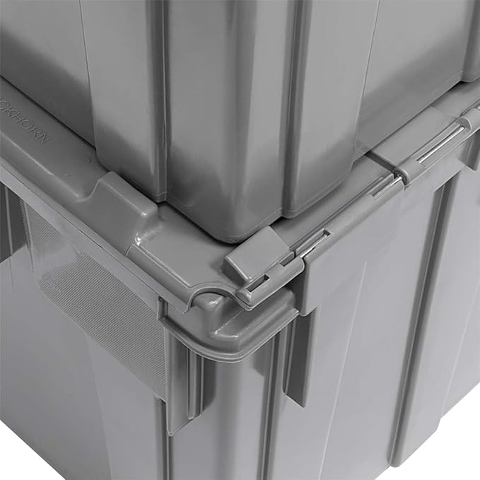 Buckhorn Industrial Lidded Plastic Storage Container Nesting and Stackable Plastic Storage Box with Lid Attached Organization Tote for Transport and Warehouse 27 Gallon Capacity 28x21x15 Gray