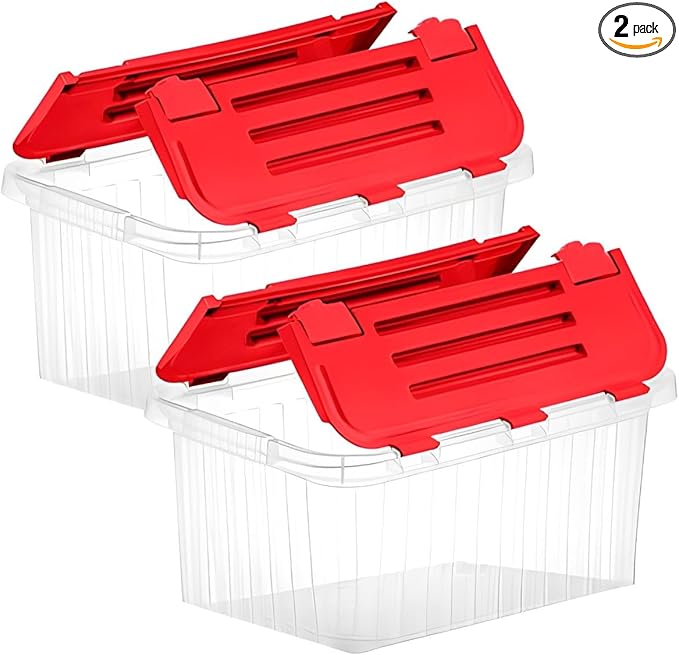 Superio Red Storage Box with Red Hinged Lids 2 Pack Plastic Container Bins for Organizing with Attached Lid Stackable Crates BPA Free Organizers for Home Office Dorm (2 10.5 Quart)