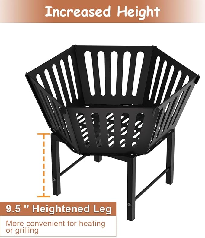22.5 Inch Portable Hexagon Fire Pit with Travel Bag — Heightened Smokeless Design Outdoor Wood Burning Fire Pit for Camping Backyard Patio Bonfire Picnic and BBQ Vertical Hollow Style